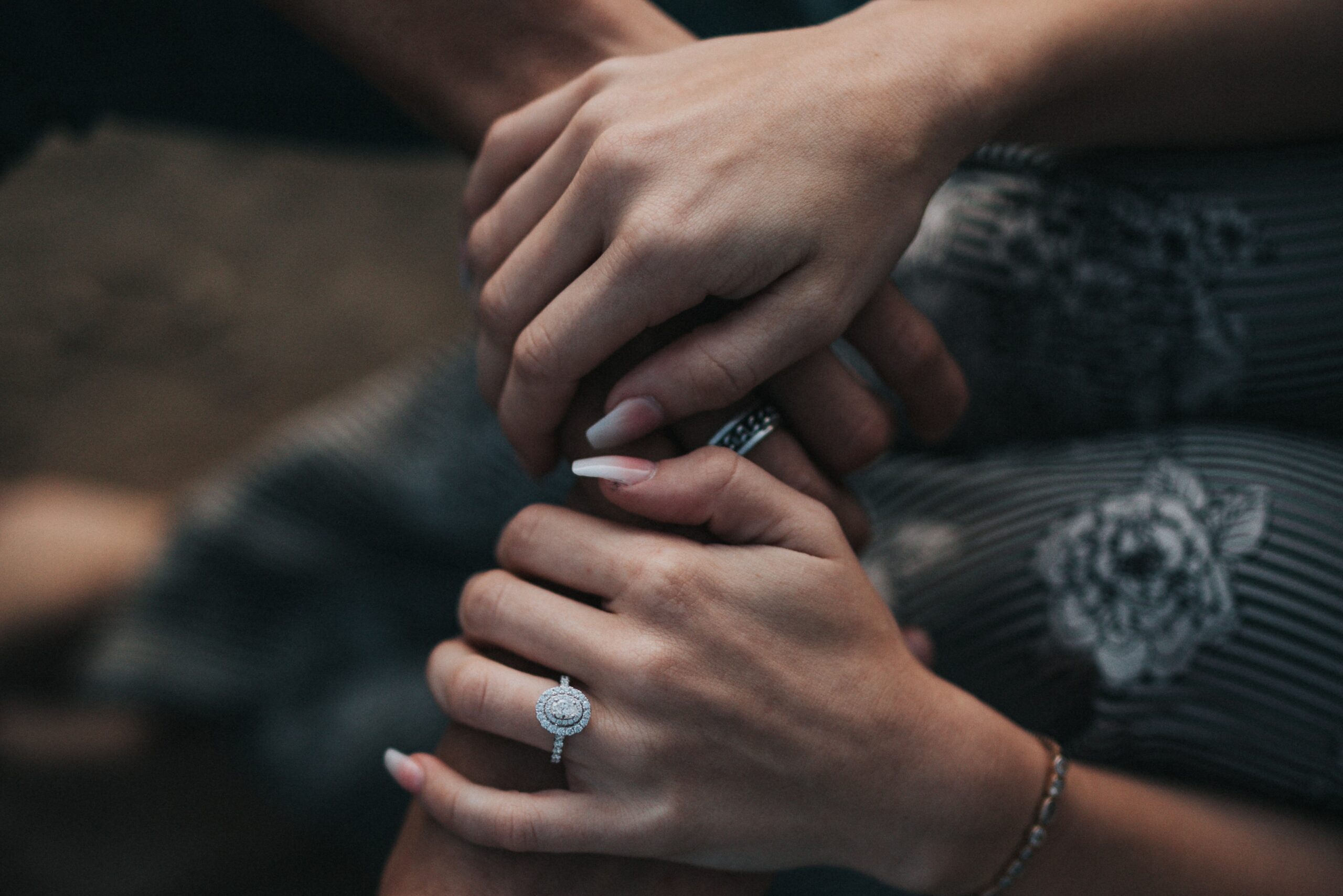 Close-up of married couple's hands, focused on wedding ring, symbolizing protection.